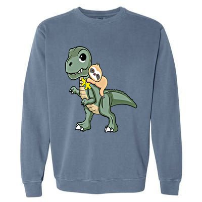 Sloth Riding Dinosaur Autism Awareness Cute Trex Puzzle Gift Garment-Dyed Sweatshirt