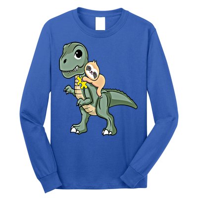 Sloth Riding Dinosaur Autism Awareness Cute Trex Puzzle Gift Long Sleeve Shirt