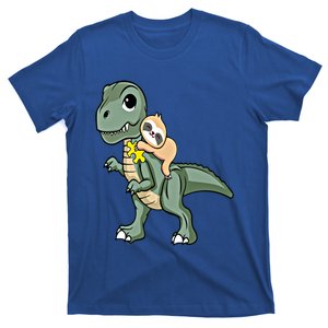 Sloth Riding Dinosaur Autism Awareness Cute Trex Puzzle Gift T-Shirt