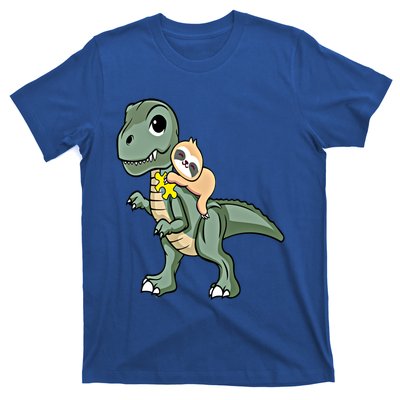 Sloth Riding Dinosaur Autism Awareness Cute Trex Puzzle Gift T-Shirt