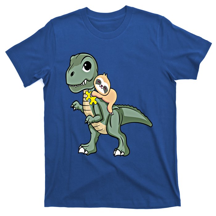 Sloth Riding Dinosaur Autism Awareness Cute Trex Puzzle Gift T-Shirt