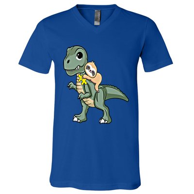 Sloth Riding Dinosaur Autism Awareness Cute Trex Puzzle Gift V-Neck T-Shirt