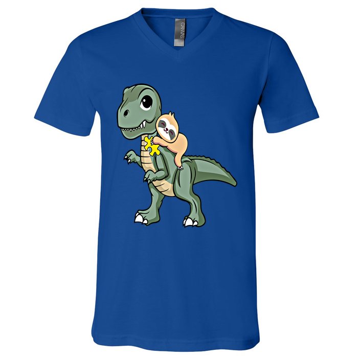 Sloth Riding Dinosaur Autism Awareness Cute Trex Puzzle Gift V-Neck T-Shirt