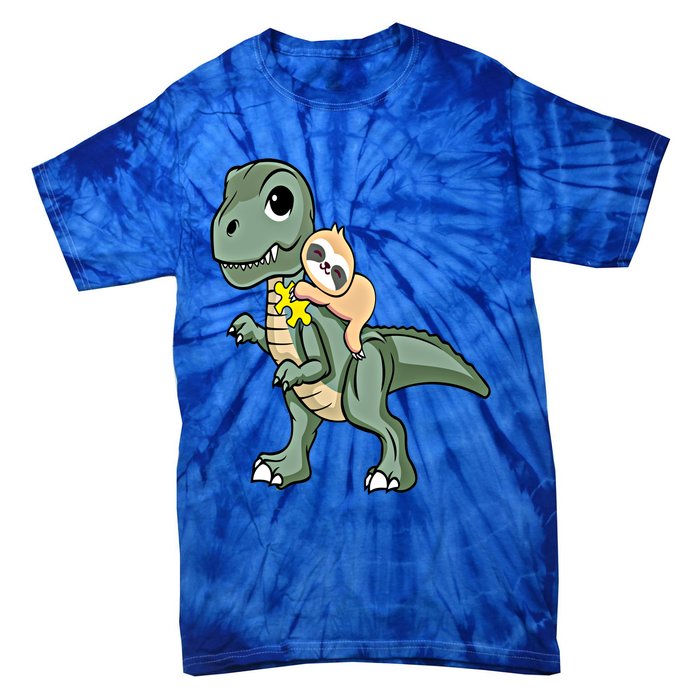 Sloth Riding Dinosaur Autism Awareness Cute Trex Puzzle Gift Tie-Dye T-Shirt