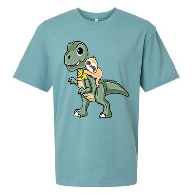 Sloth Riding Dinosaur Autism Awareness Cute Trex Puzzle Gift Sueded Cloud Jersey T-Shirt