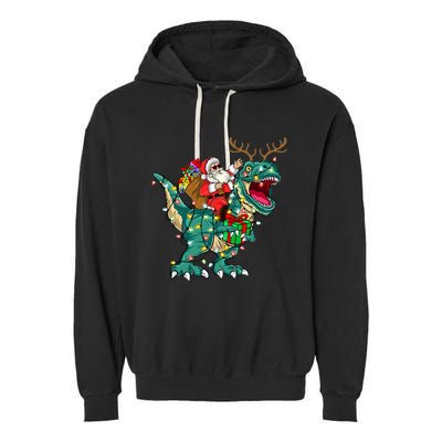 Santa Riding Dinosaur T rex Deer Christmas Garment-Dyed Fleece Hoodie