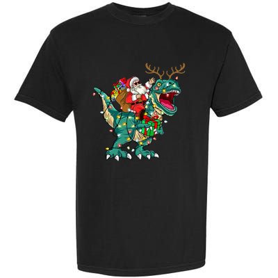 Santa Riding Dinosaur T rex Deer Christmas Garment-Dyed Heavyweight T-Shirt