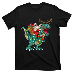 Santa Riding Dinosaur T rex Deer Christmas T-Shirt