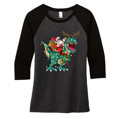 Santa Riding Dinosaur T rex Deer Christmas Women's Tri-Blend 3/4-Sleeve Raglan Shirt