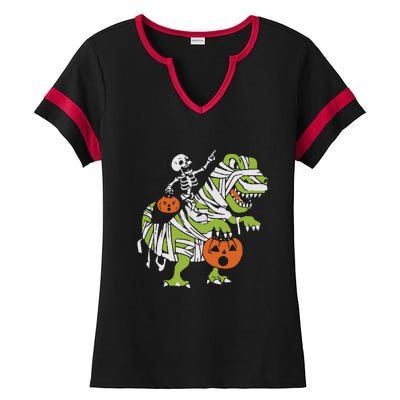 Skeleton Riding Dinosaur Halloween Ladies Halftime Notch Neck Tee