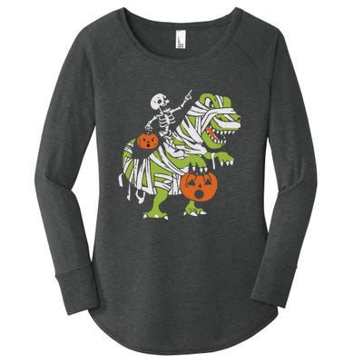 Skeleton Riding Dinosaur Halloween Women's Perfect Tri Tunic Long Sleeve Shirt