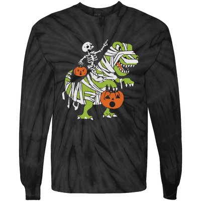 Skeleton Riding Dinosaur Halloween Tie-Dye Long Sleeve Shirt