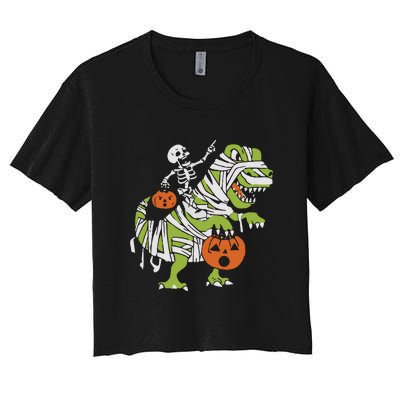 Skeleton Riding Dinosaur Halloween Women's Crop Top Tee