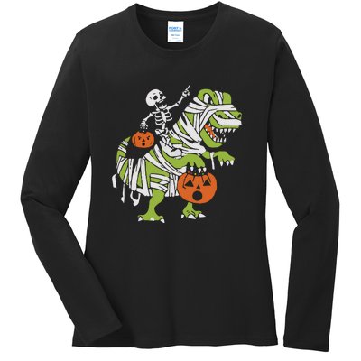 Skeleton Riding Dinosaur Halloween Ladies Long Sleeve Shirt