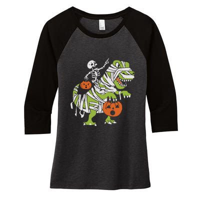 Skeleton Riding Dinosaur Halloween Women's Tri-Blend 3/4-Sleeve Raglan Shirt