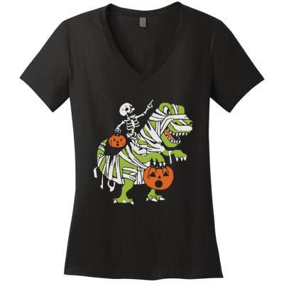 Skeleton Riding Dinosaur Halloween Women's V-Neck T-Shirt