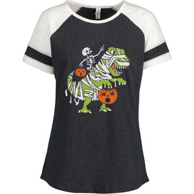 Skeleton Riding Dinosaur Halloween Enza Ladies Jersey Colorblock Tee