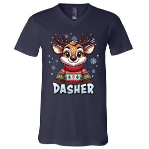 Santa’S Reindeer Dasher Xmas Group Costume V-Neck T-Shirt