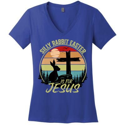 Silly Rabbit Easter Is For Jesus Retro Vintage Easter Day Women's V-Neck T-Shirt