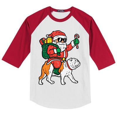 Santa Riding English Bulldog Christmas Pjs Xmas Pajamas Great Gift Kids Colorblock Raglan Jersey