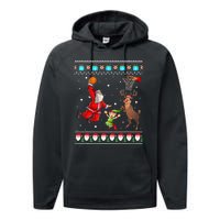 Santa Reinder Elf Are Playing Basketball Christmas Performance Fleece Hoodie