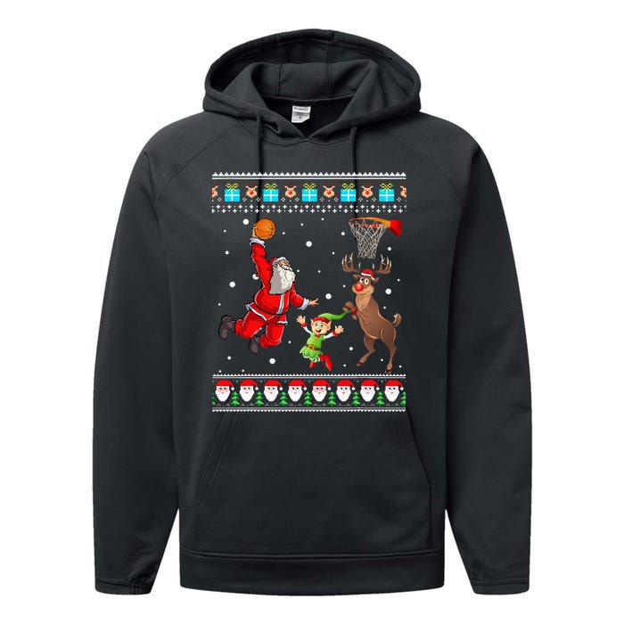 Santa Reinder Elf Are Playing Basketball Christmas Performance Fleece Hoodie