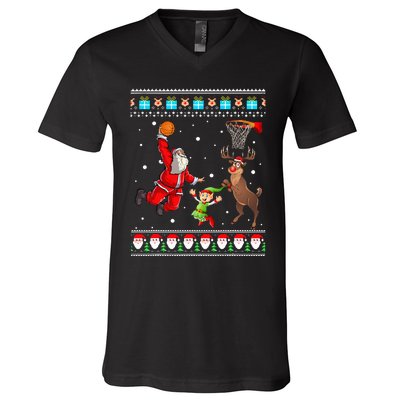 Santa Reinder Elf Are Playing Basketball Christmas V-Neck T-Shirt