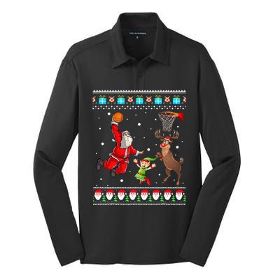 Santa Reinder Elf Are Playing Basketball Christmas Silk Touch Performance Long Sleeve Polo