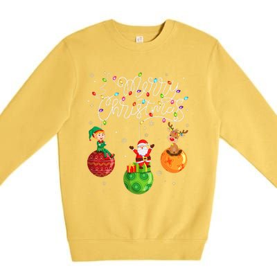 Santa Reindeer Elf Merry Christmas Lights Ornaments Balls  Premium Crewneck Sweatshirt