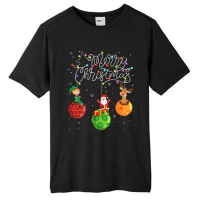 Santa Reindeer Elf Merry Christmas Lights Ornaments Balls  Tall Fusion ChromaSoft Performance T-Shirt