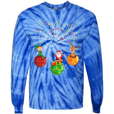 Santa Reindeer Elf Merry Christmas Lights Ornaments Balls  Tie-Dye Long Sleeve Shirt