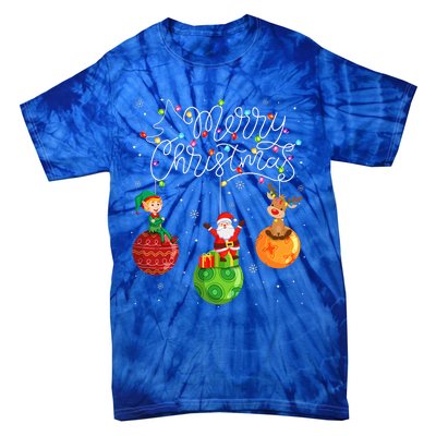 Santa Reindeer Elf Merry Christmas Lights Ornaments Balls  Tie-Dye T-Shirt