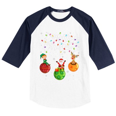 Santa Reindeer Elf Merry Christmas Lights Ornaments Balls  Baseball Sleeve Shirt