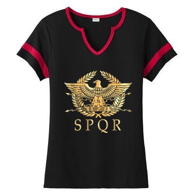 Spqr Roman Empire Standard Eagle Emblem Vintage Gold Shield Ladies Halftime Notch Neck Tee