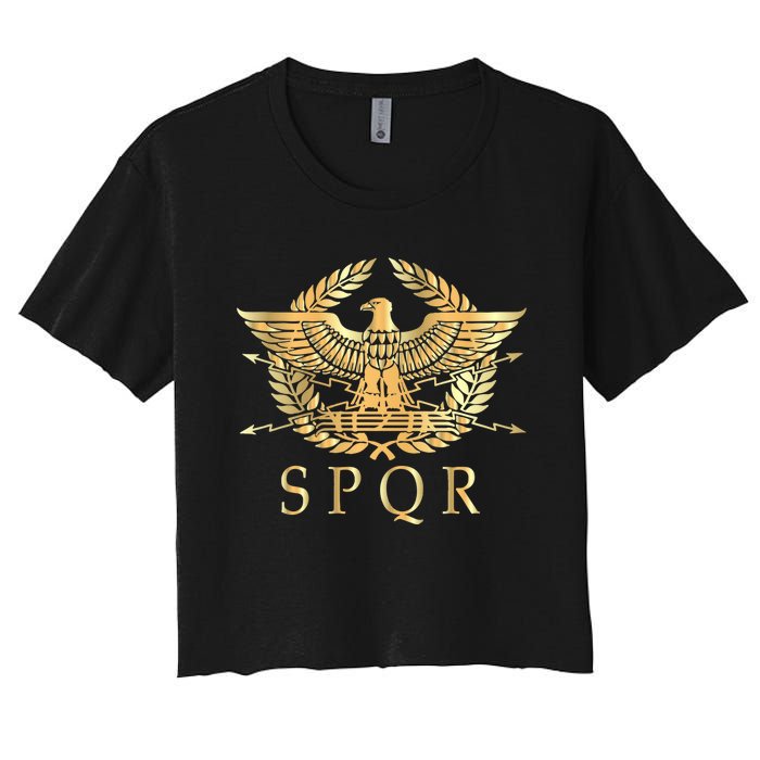 Spqr Roman Empire Standard Eagle Emblem Vintage Gold Shield Women's Crop Top Tee