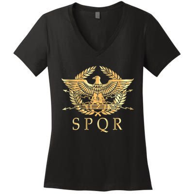 Spqr Roman Empire Standard Eagle Emblem Vintage Gold Shield Women's V-Neck T-Shirt