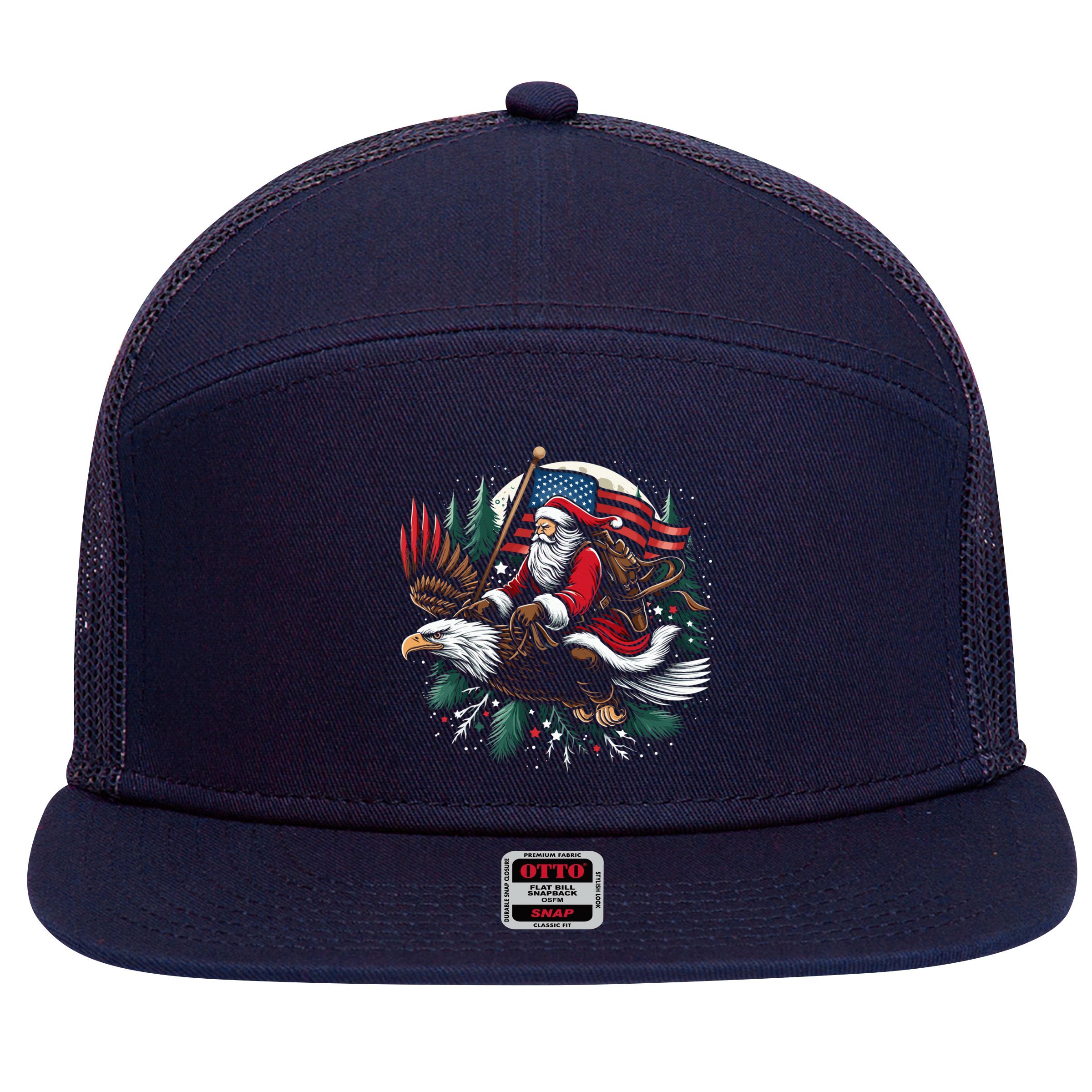Santa Riding Eagle Usa Flag Christmas 7 Panel Mesh Trucker Snapback Hat