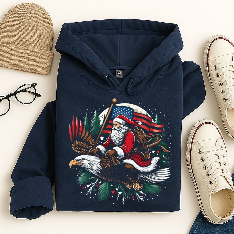 Santa Riding Eagle Usa Flag Christmas Hoodie