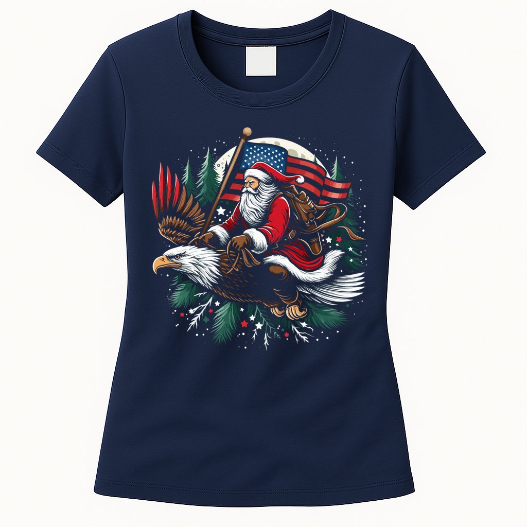 Santa Riding Eagle Usa Flag Christmas Womens T-Shirt