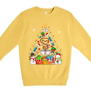 Santa Reindeer Elf Nurse Tools As Christmas Tree Lights Great Gift Premium Crewneck Sweatshirt