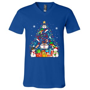 Santa Reindeer Elf Nurse Tools As Christmas Tree Lights Great Gift V-Neck T-Shirt