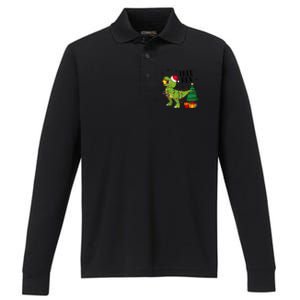 Santasaurus Rex Funny Dinosaur Chrismas Tree Rex Cool Gift Performance Long Sleeve Polo