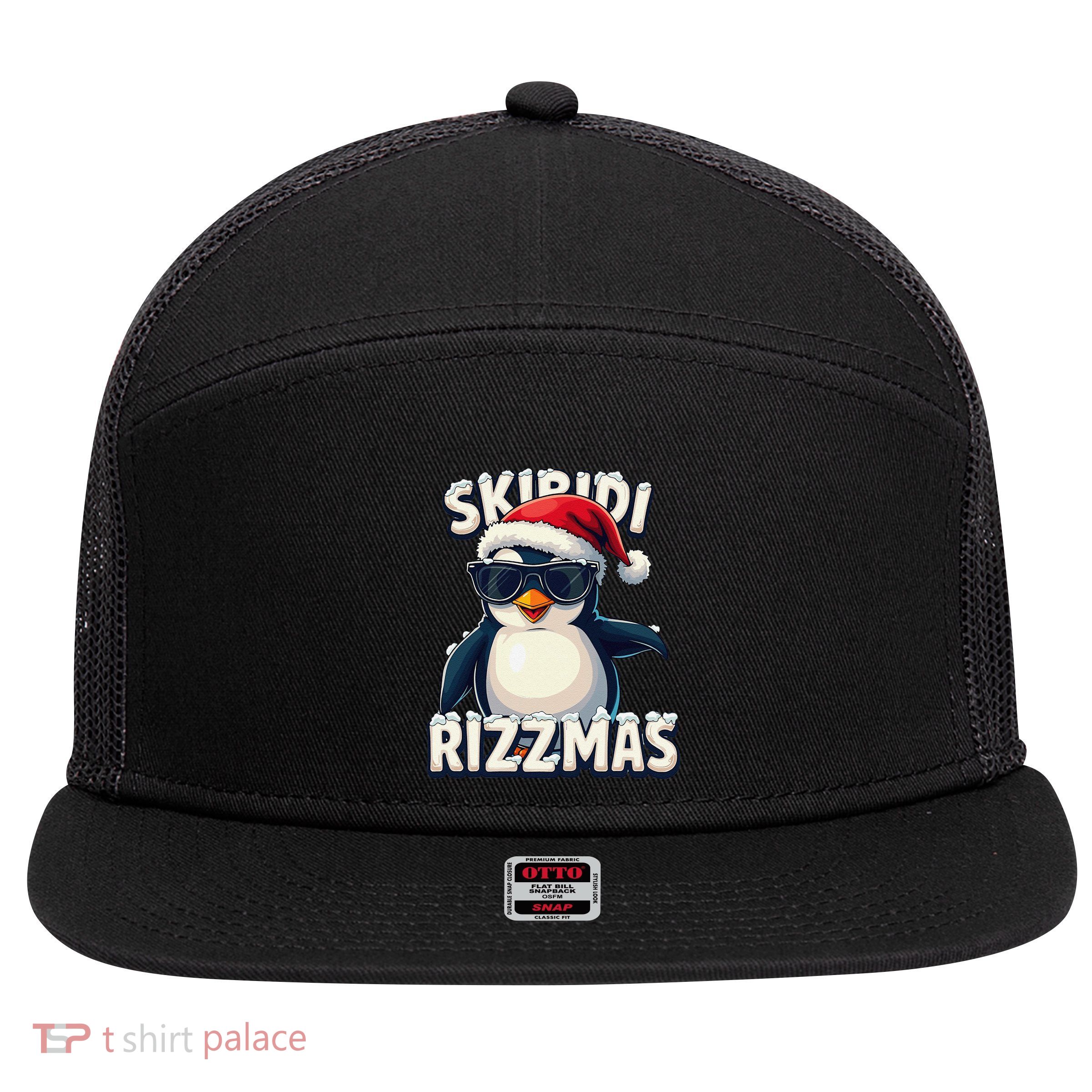 Skibid.I Rizzmas Funny Gen Alpha Slang Christmas Penguin 7 Panel Mesh Trucker Snapback Hat