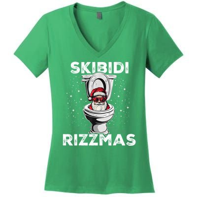 Skibidi Rizzmas Funny Toilet Santa Christmas Women's V-Neck T-Shirt