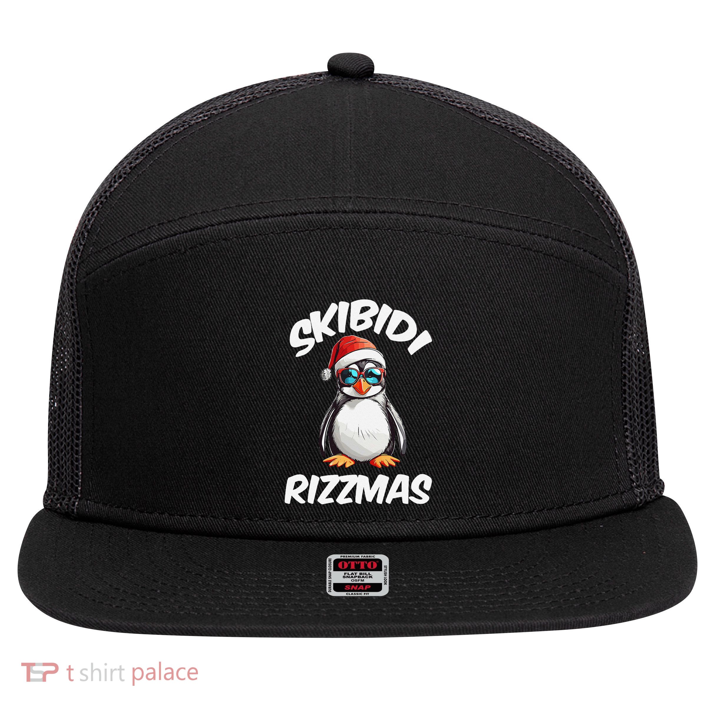 Skibid.I Rizzmas Funny Gen Alpha Slang Christmas Pengui 7 Panel Mesh Trucker Snapback Hat