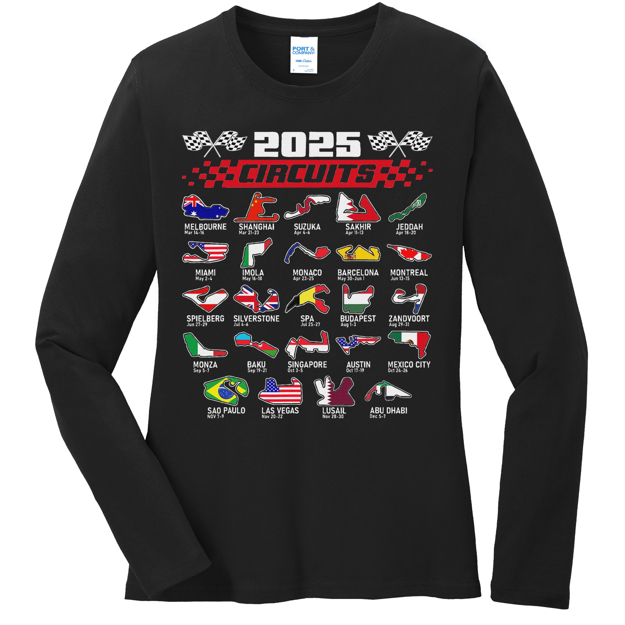 Schedule Racing Fast Cars Race Vintage Costume Formula 2025 Open Wheel Tracks Flag Lover Black Ladies Long Sleeve Shirt