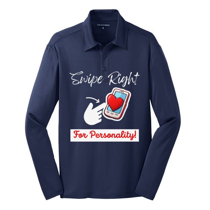 Swipe Right For Personality Humor Premium Silk Touch Performance Long Sleeve Polo