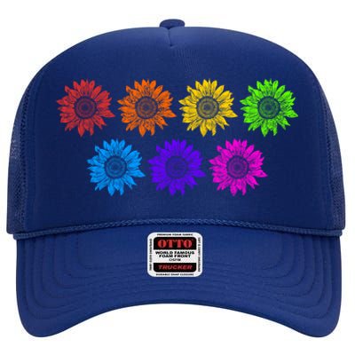 Sunflower Rainbow Flag Flower Sunshine Queer Equality Lgbt Meaningful Gift High Crown Mesh Back Trucker Hat