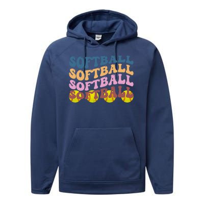 Softball Retro Groovy Sport Lover Performance Fleece Hoodie