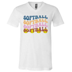 Softball Retro Groovy Sport Lover V-Neck T-Shirt